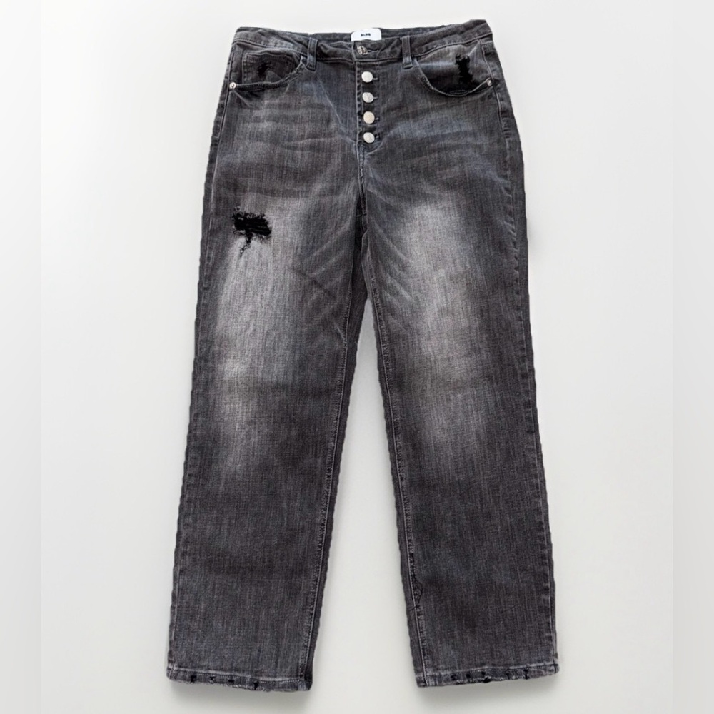 I&M High Rise Black Distressed Tapered Straight Jeans Buttonfly